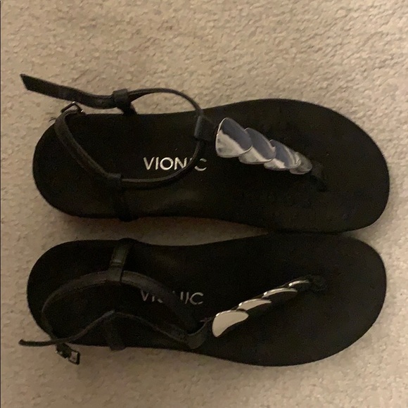 Vionic Orthaheel REST MIAMI Embellished Leather T-Strap Sandals BLACK 8 W NIB